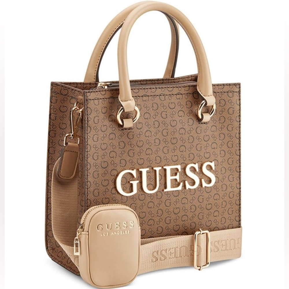 Guess // Women Brown Monogram Print Small Carryall Tote Bag with Pouch